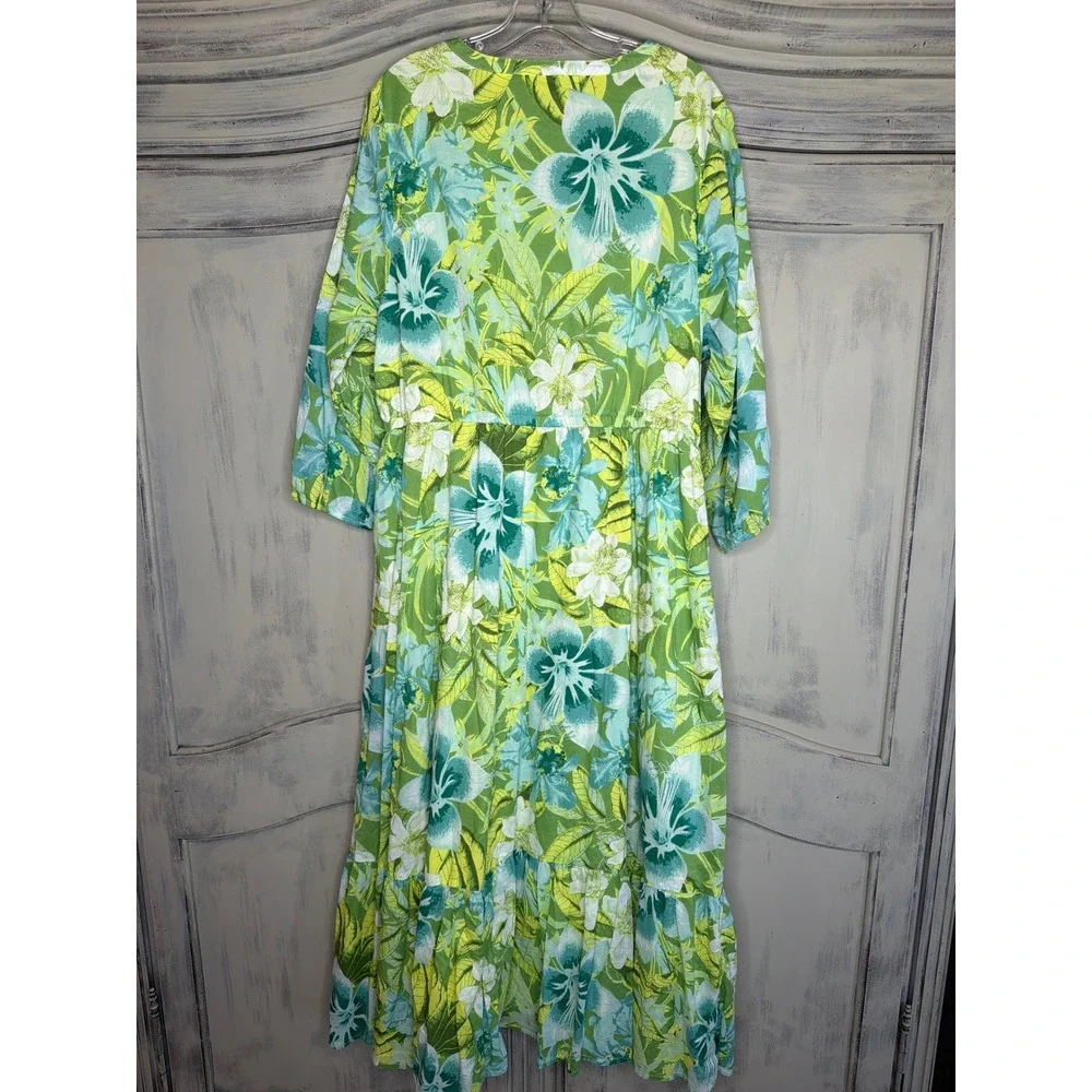 Beautiful by Lawrence Zarian Green Floral Cotton Maxi Dress V-Neck L A646319 - Picture 6 of 7